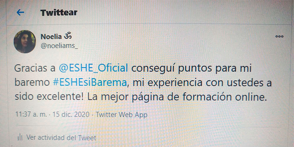 Gracias a @ESHE_Oficial conseguí puntos para mi baremo #ESHEsiBarema, mi experiencia con ustedes ha sido excelente! La mejor página de formación online.