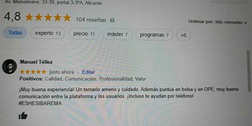 ¡Muy buena experiencia! Un temario ameno y cuidado. Además puntúa en bolsa y en OPE, muy buena comunicación entre la plataforma y los usuarios. ¡Incluso te ayudan por teléfono!
#ESHESIBAREMA